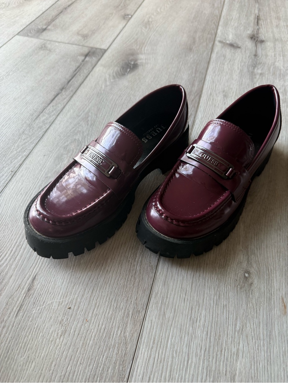 Guess Patent Leather Lug Sole Loafers in Burgindy